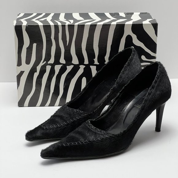 ❤️Italian Black Genuine Fur Leather Heels by Work In Progress Size 7 - Picture 2 of 10